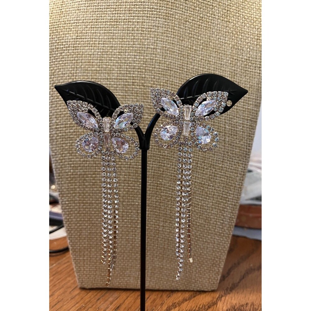 Rhinestone Earrings Butterfly Dangle shoulder dusters long bling sparkle